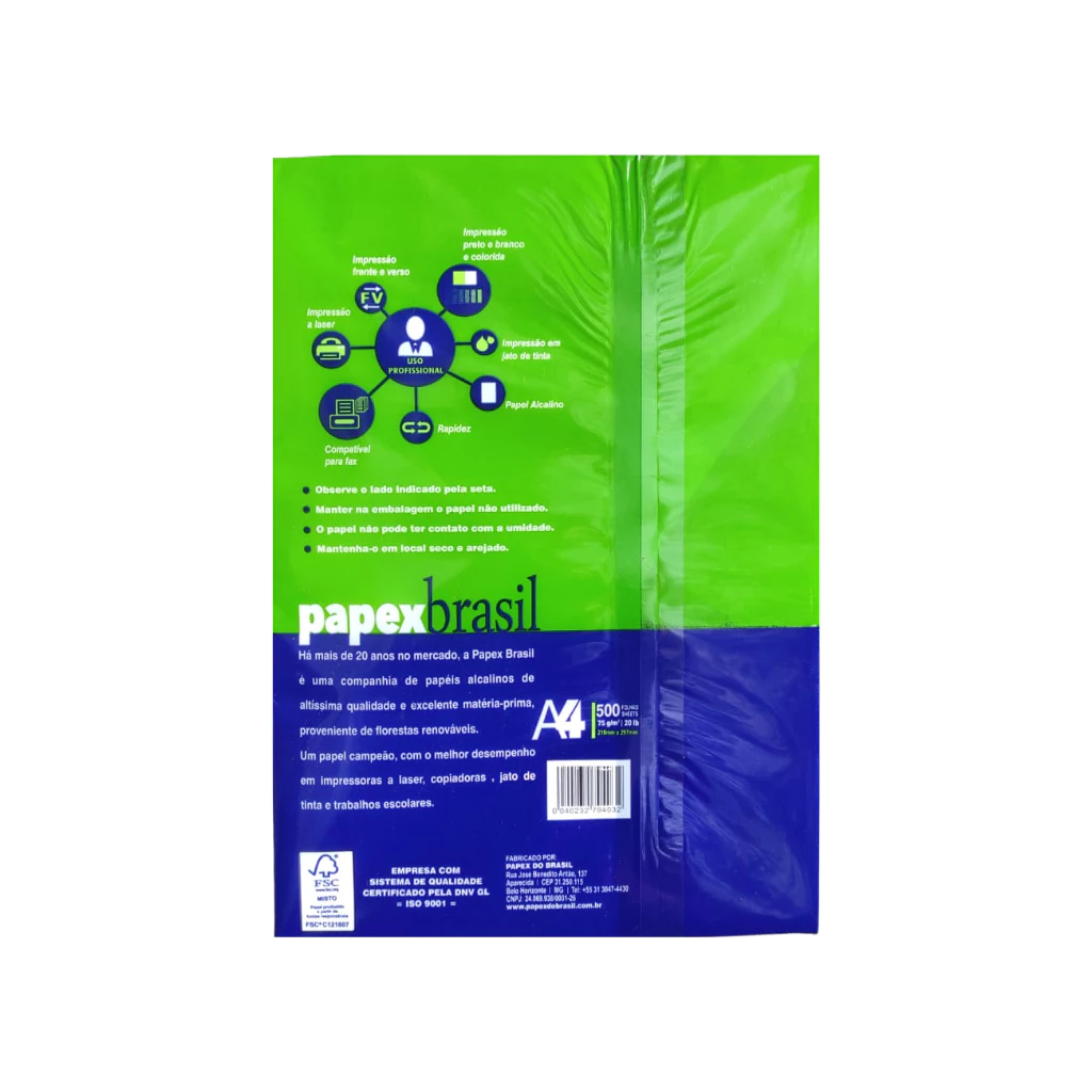 PAPEL A4 75GRS PAPEXBRASIL 500 FLS CERT. FSC